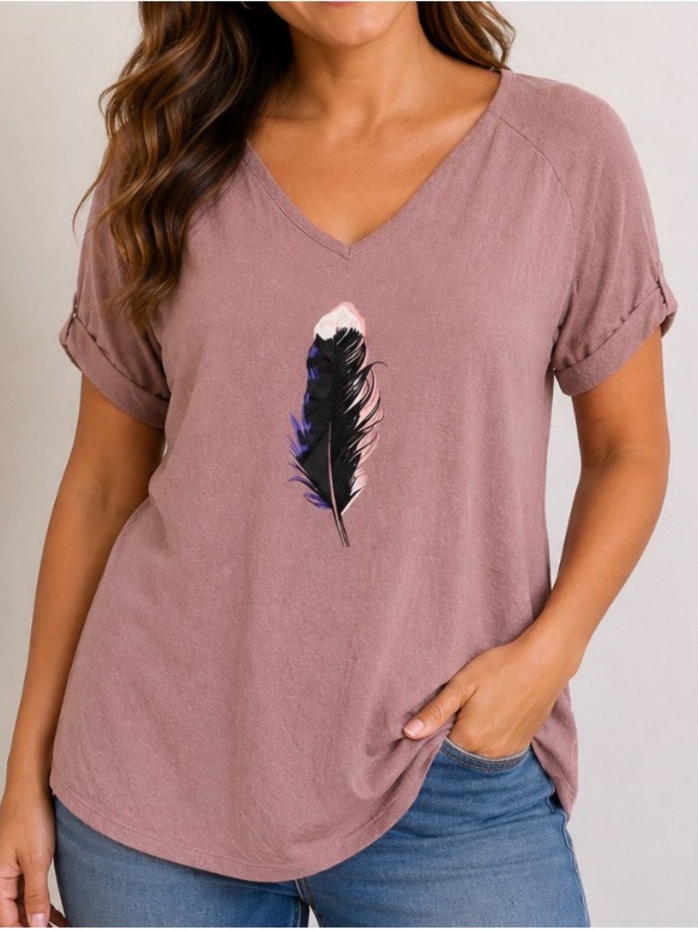 MISSLOOK Mauve V-Neck Feather Tee graphic boxy fit SZ MD lightweight